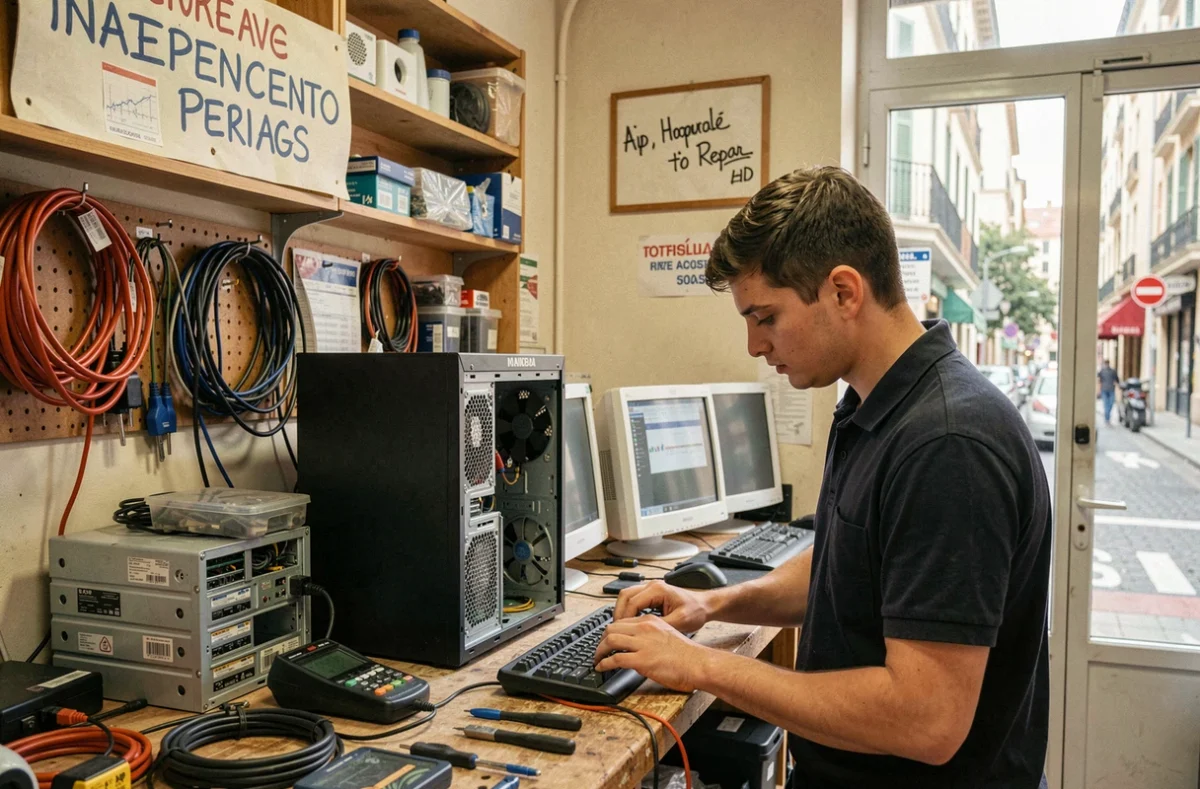 Technicien d'Easy-PC Informatique Marseille diagnostiquant un ordinateur dans un atelier de réparation de quartier