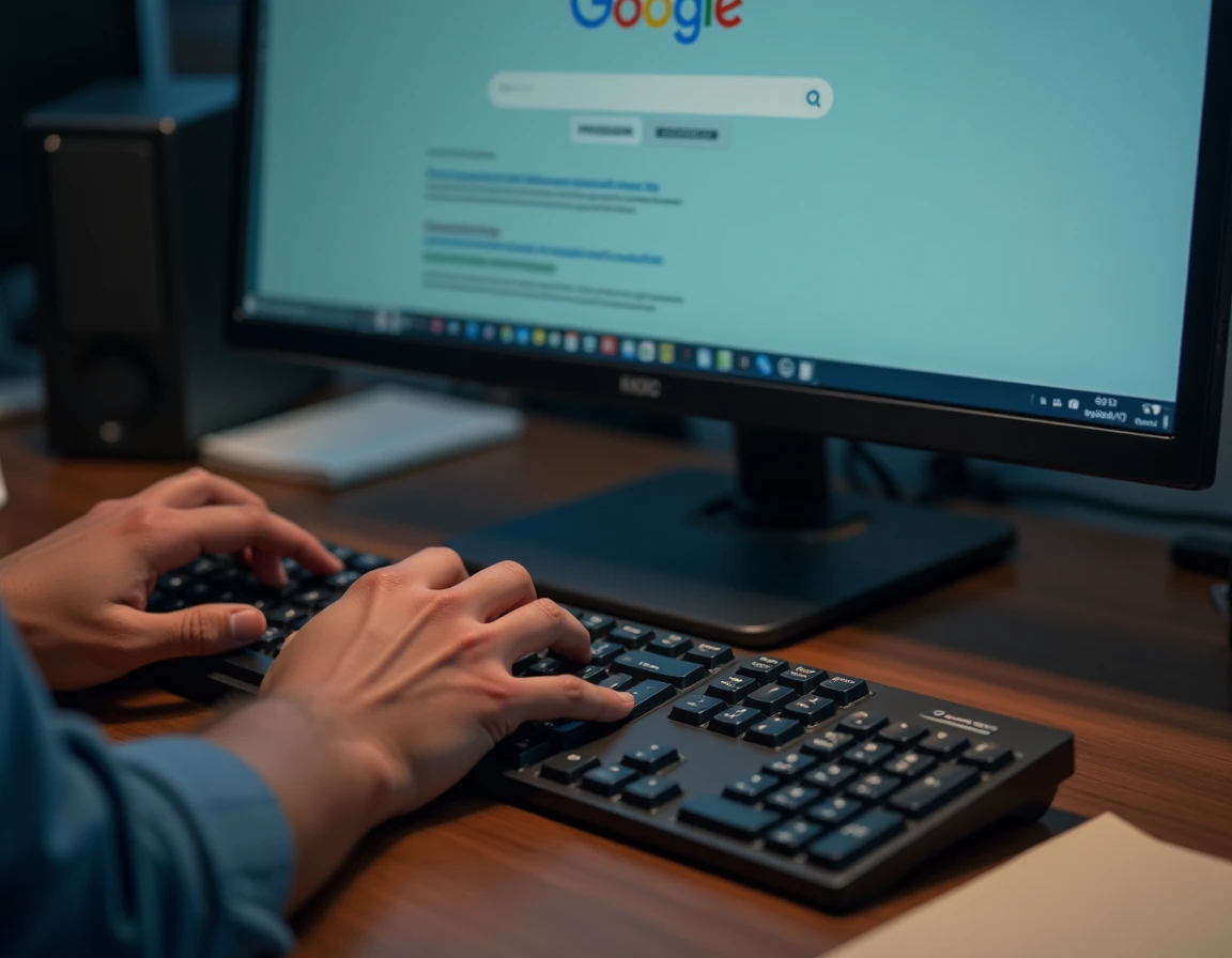 Écran d'ordinateur affichant Google en rotation lors de l'animation Do a Barrel Roll avec clavier mécanique