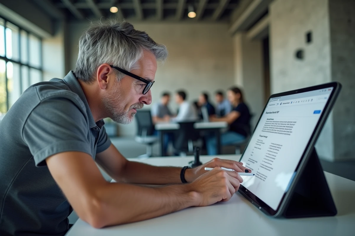 Homme utilisant une tablette pour modifier et supprimer des pages dans un document PDF dans un bureau open space