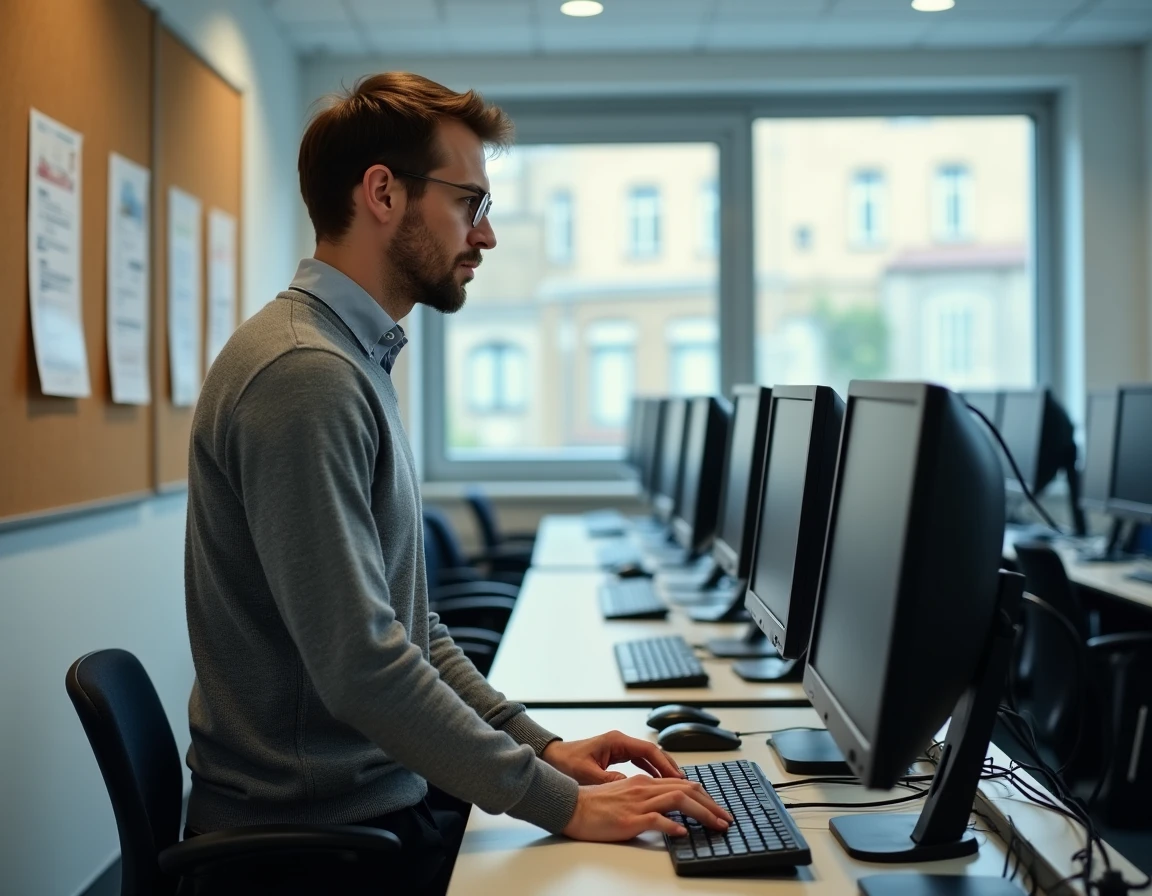 Enseignant consultant sa messagerie académique Grenoble dans une salle informatique scolaire