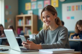 Enseignante jeune femme en classe moderne et accueillante