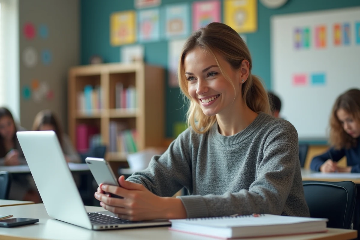 Enseignante jeune femme en classe moderne et accueillante