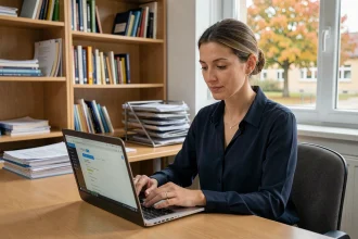 Enseignante de l'académie de Dijon consultant sa messagerie professionnelle sur webmail depuis un bureau administratif scolaire