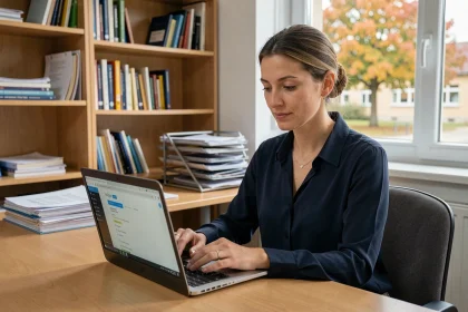 Enseignante de l'académie de Dijon consultant sa messagerie professionnelle sur webmail depuis un bureau administratif scolaire
