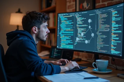 Chercheur en apprentissage profond analysant une architecture ResNet sur grand écran dans un bureau moderne