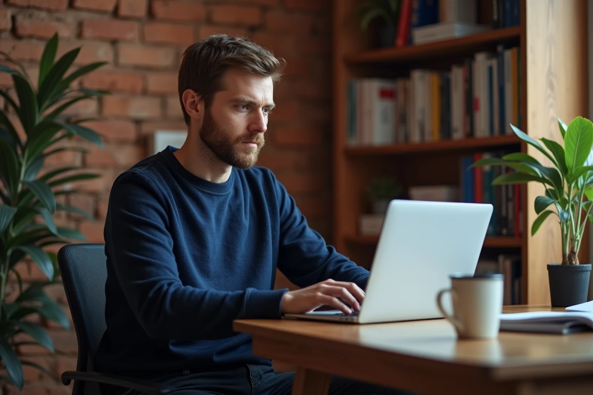 Entrepreneur analysant les tendances du marché américain avec Google depuis son bureau à domicile