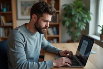 Homme utilisant un ordinateur portable pour envoyer un SMS depuis un numéro masqué dans un bureau à domicile