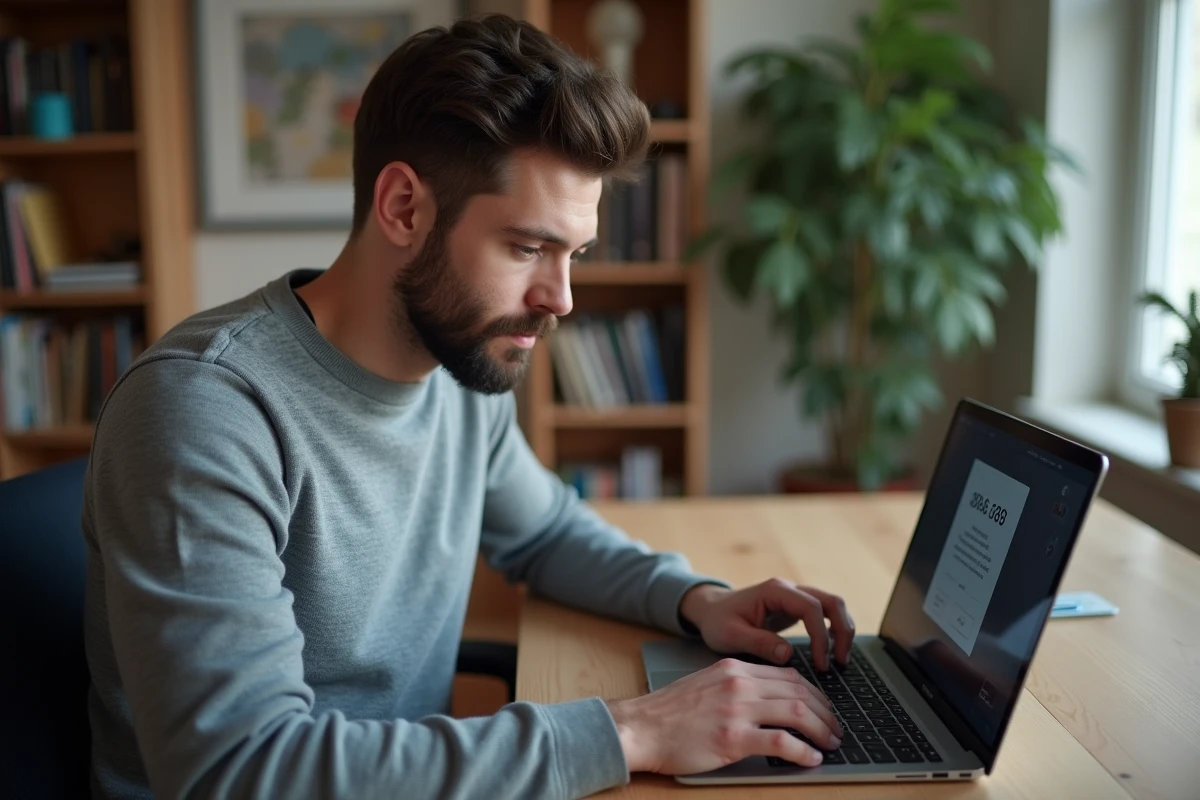 Homme utilisant un ordinateur portable pour envoyer un SMS depuis un numéro masqué dans un bureau à domicile