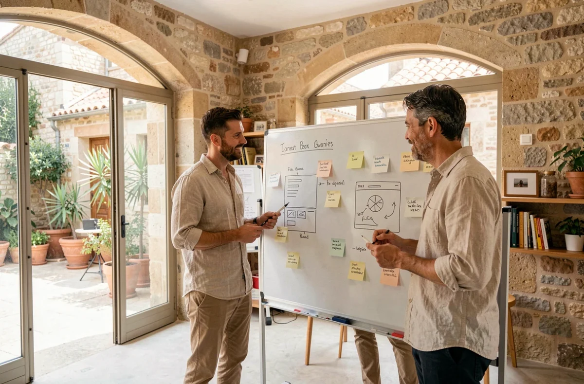 Équipe d'une agence WordPress en réunion de projet dans un espace de travail en Provence