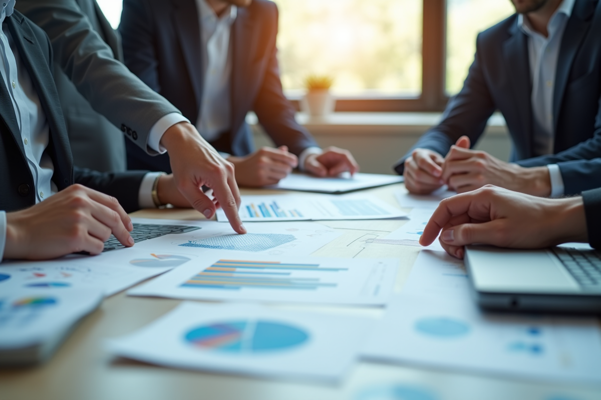Groupe de professionnels discutant de graphiques et diagrammes
