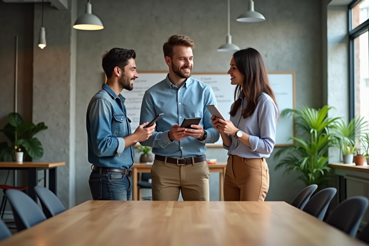 Une équipe de professionnels discutant des différences entre outils de messagerie IA en réunion collaborative