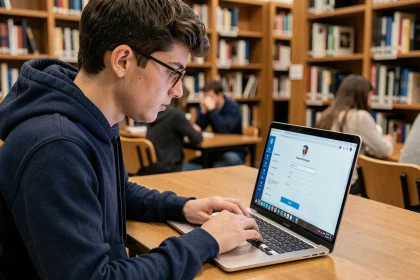 Étudiant connecté au portail eservice ESIGELEC sur un ordinateur portable dans une bibliothèque universitaire