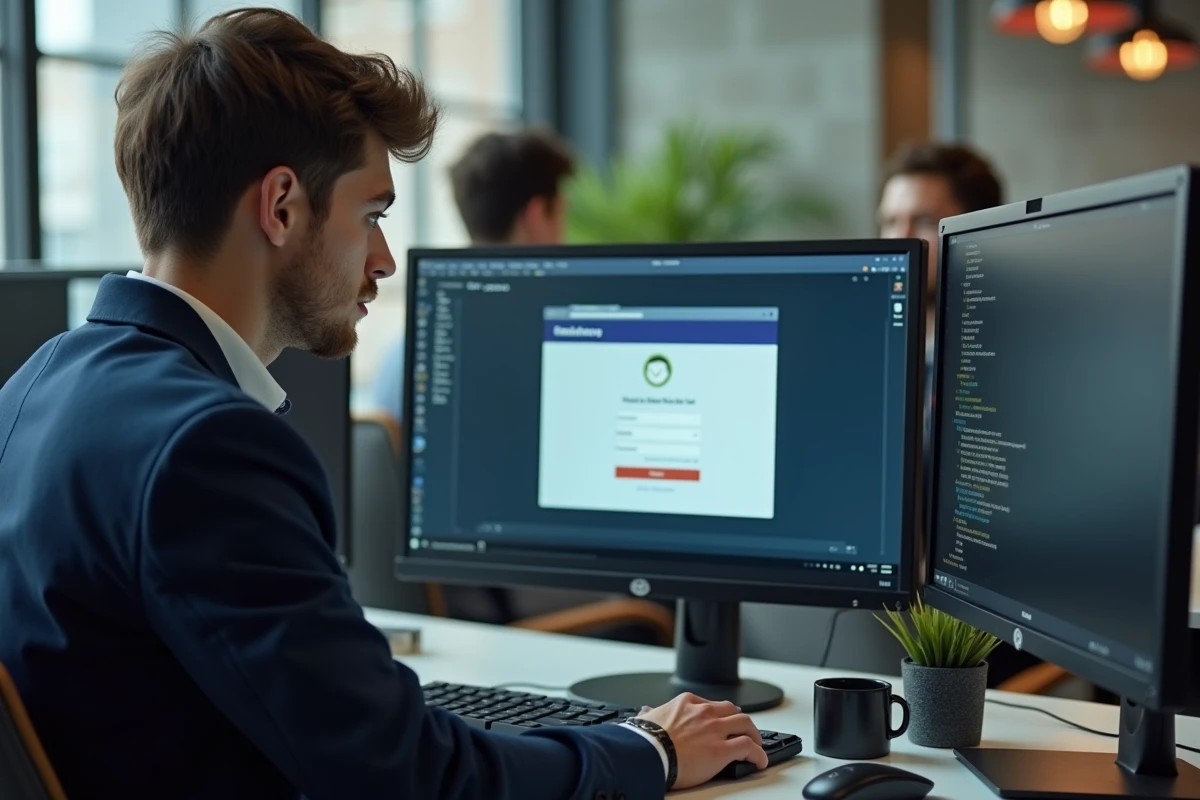 Étudiant face à une erreur de connexion sur le portail email UGA dans un espace de travail universitaire moderne