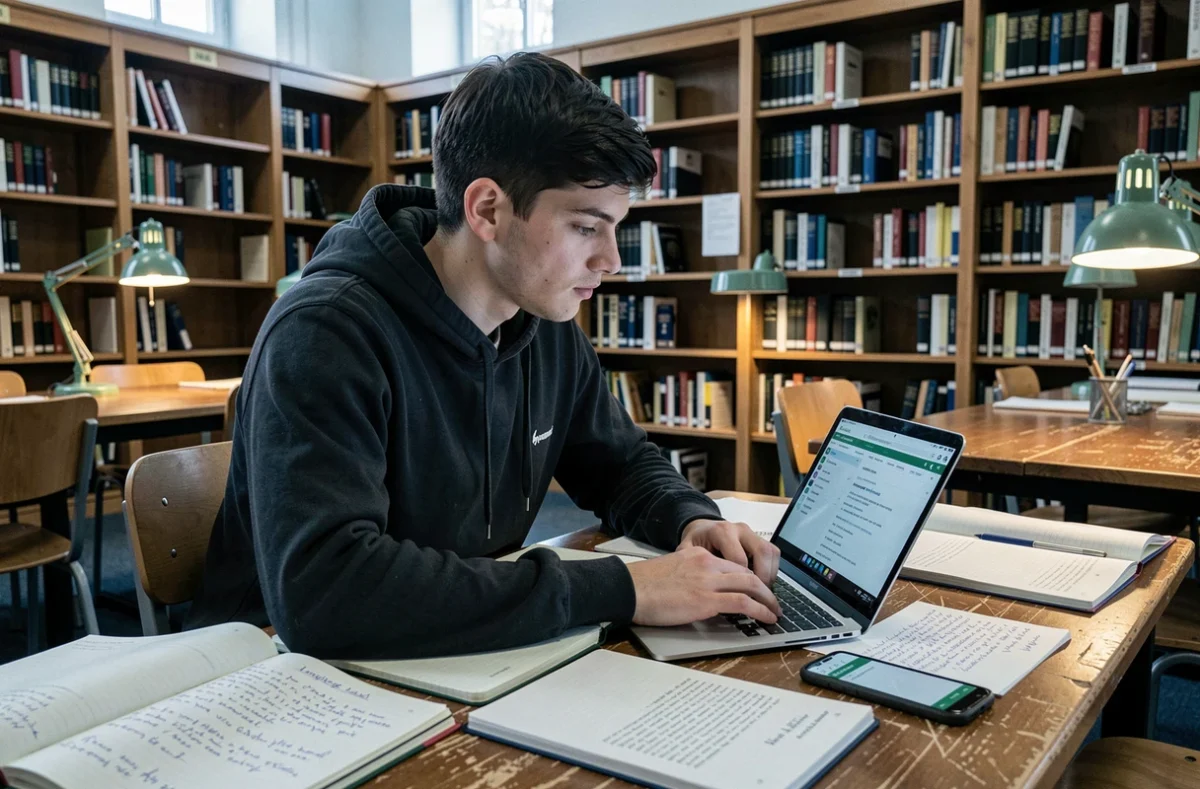 Étudiant universitaire vérifiant un essai académique avec l'extension LanguageTool dans une bibliothèque