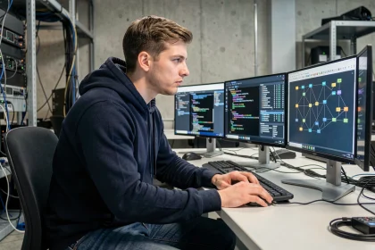 Étudiant en formation TSRS travaillant sur des outils de cybersécurité dans un laboratoire informatique professionnel