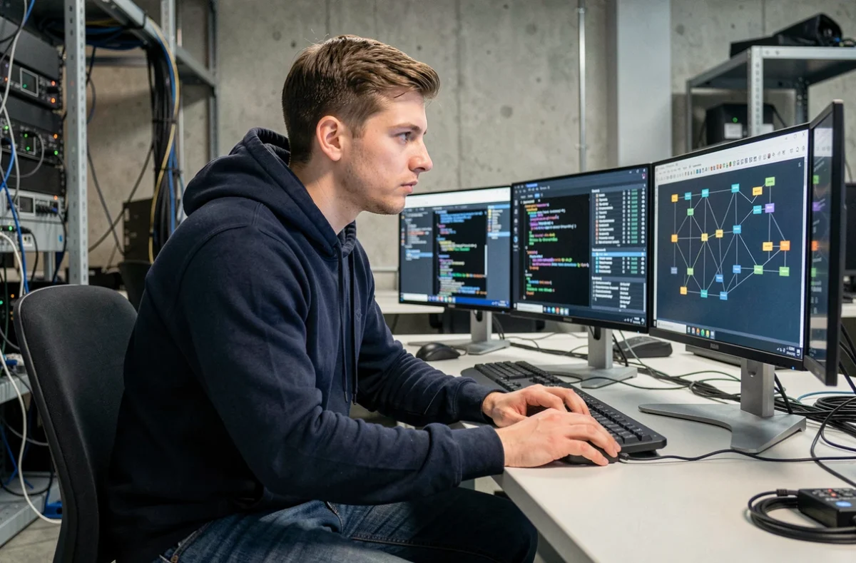 Étudiant en formation TSRS travaillant sur des outils de cybersécurité dans un laboratoire informatique professionnel