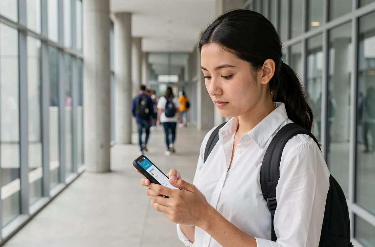 Étudiante utilisant son smartphone pour se connecter à l'eservice ESIGELEC dans un couloir de campus