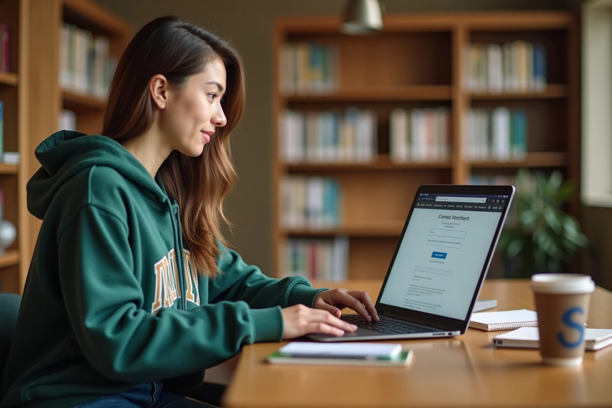 Étudiante accédant à sa messagerie universitaire Zimbra sur un ordinateur portable en bibliothèque