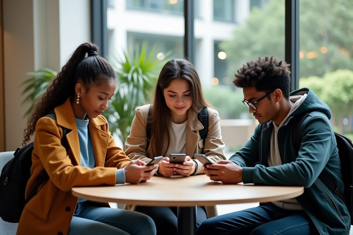 Groupe d'étudiants consultant leurs emails universitaires Zimbra sur smartphone et tablette sur le campus