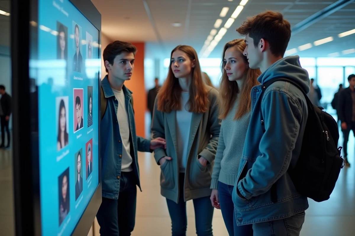 Groupe d'étudiants autour du portail numérique Aix Mille