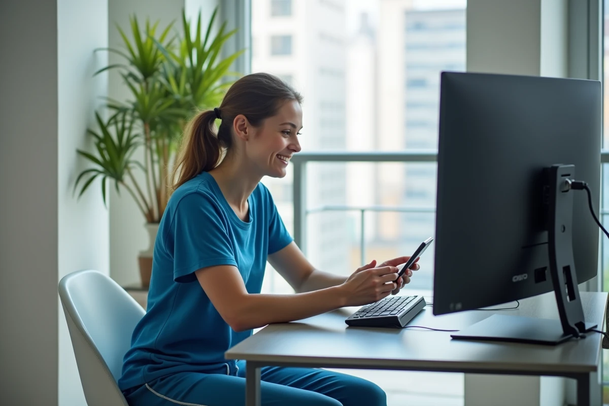 Femme tapant un code sur son smartphone dans un appartement lumineux