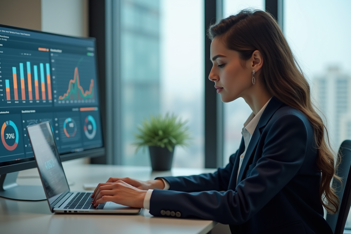 Jeune femme d'affaires analysant des données marketing sur son ordinateur