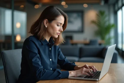 Femme d'affaires en bureau regardant son ordinateur