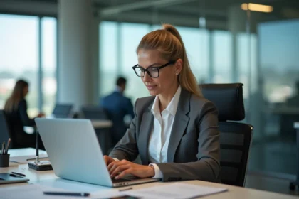 Femme d'affaires concentrée sur son ordinateur dans un bureau moderne