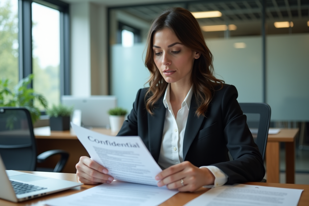 Femme d'affaires concentrée avec documents confidentiels