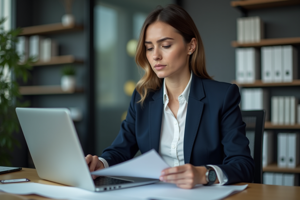 Femme sérieuse en bureau examinant documents et ordinateur