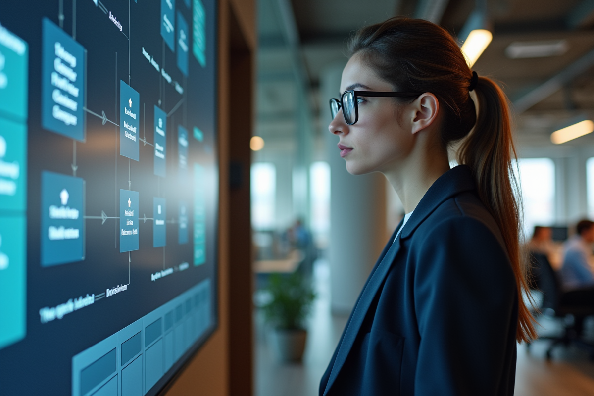 Jeune femme examinant un organigramme sur un écran dans un espace tech