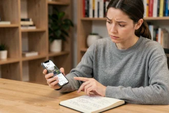 Femme analysant des avis de smartphones sur son téléphone avec un carnet de notes à côté, dans un bureau moderne à domicile