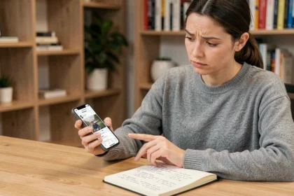 Femme analysant des avis de smartphones sur son téléphone avec un carnet de notes à côté, dans un bureau moderne à domicile