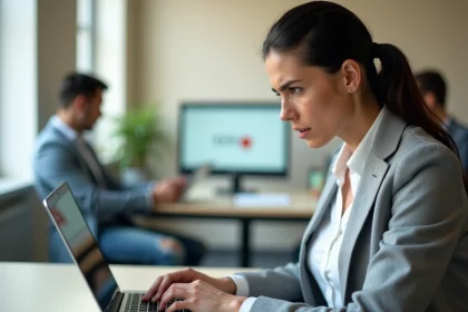 Femme en bureau bloquée sur un écran de connexion avec message d'erreur Mon IntraParis