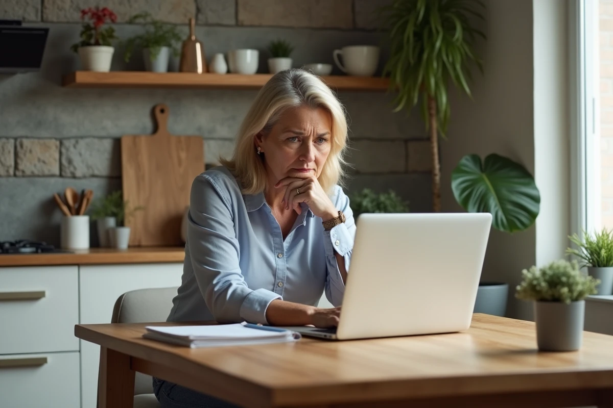 Femme d'âge moyen travaillant à la maison avec son ordinateur