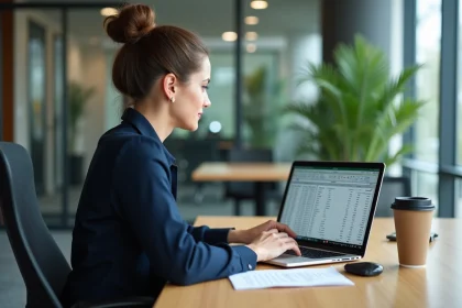 Jeune femme professionnelle utilisant un ordinateur portable dans un bureau moderne