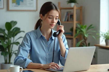 Femme au bureau parlant au téléphone portable dans un bureau lumineux