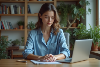 Jeune femme au bureau avec ordinateur portable en intérieur