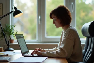 Femme d'âge moyen travaillant sur Excel dans un bureau à domicile
