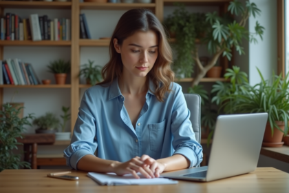 Jeune femme au bureau avec ordinateur portable en intérieur