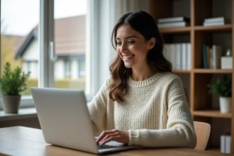 Femme en bureau moderne configure son email sur un ordinateur portable