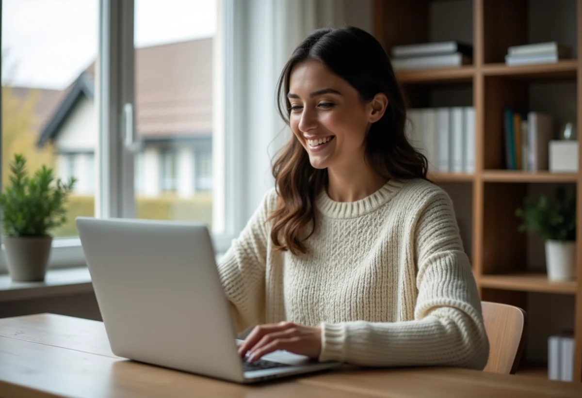 Femme en bureau moderne configure son email sur un ordinateur portable