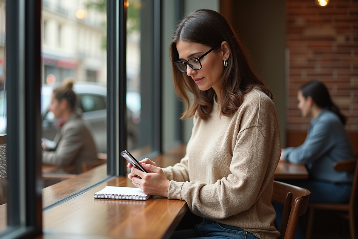 Femme au café utilisant son smartphone et prenant des notes