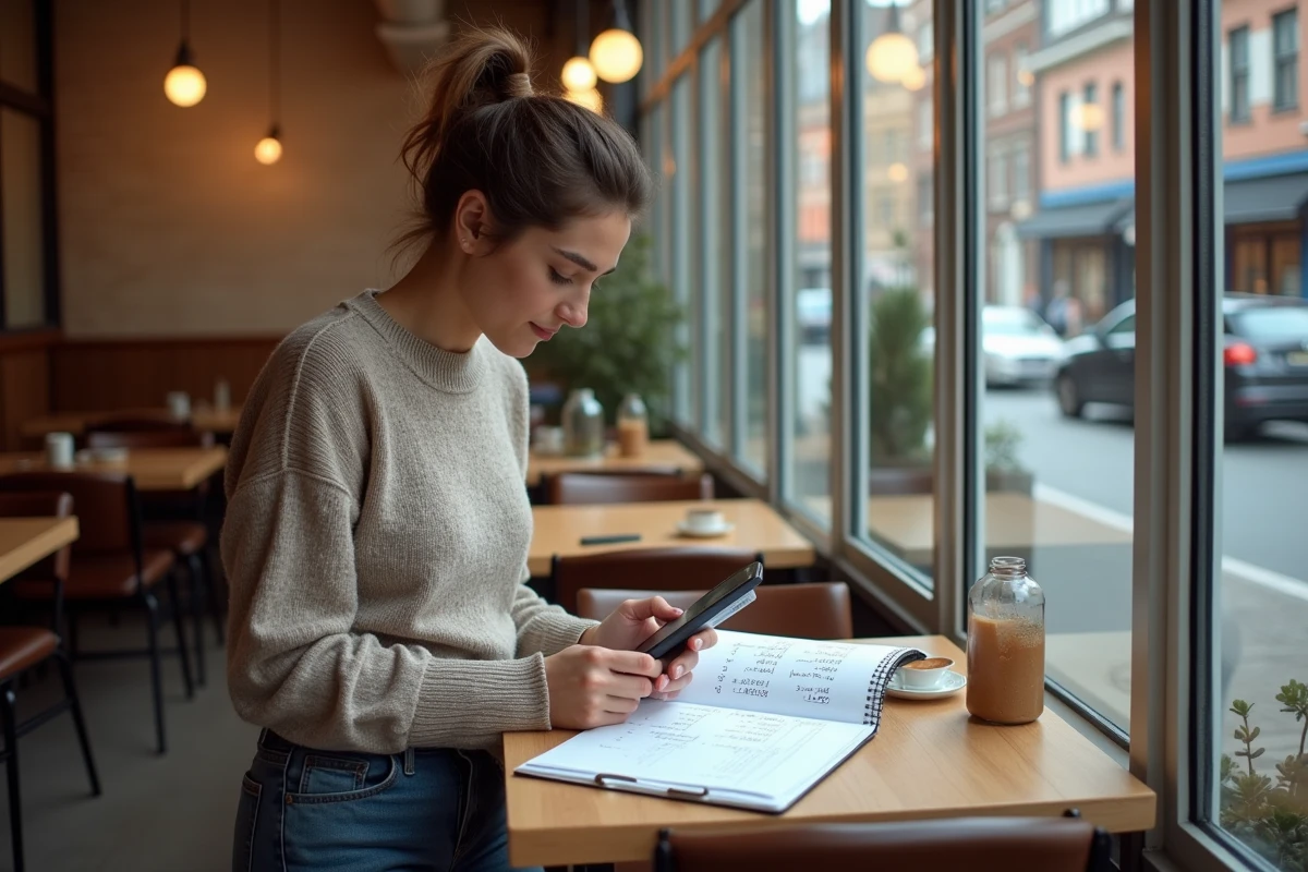 Femme au café prenant des notes sur un smartphone