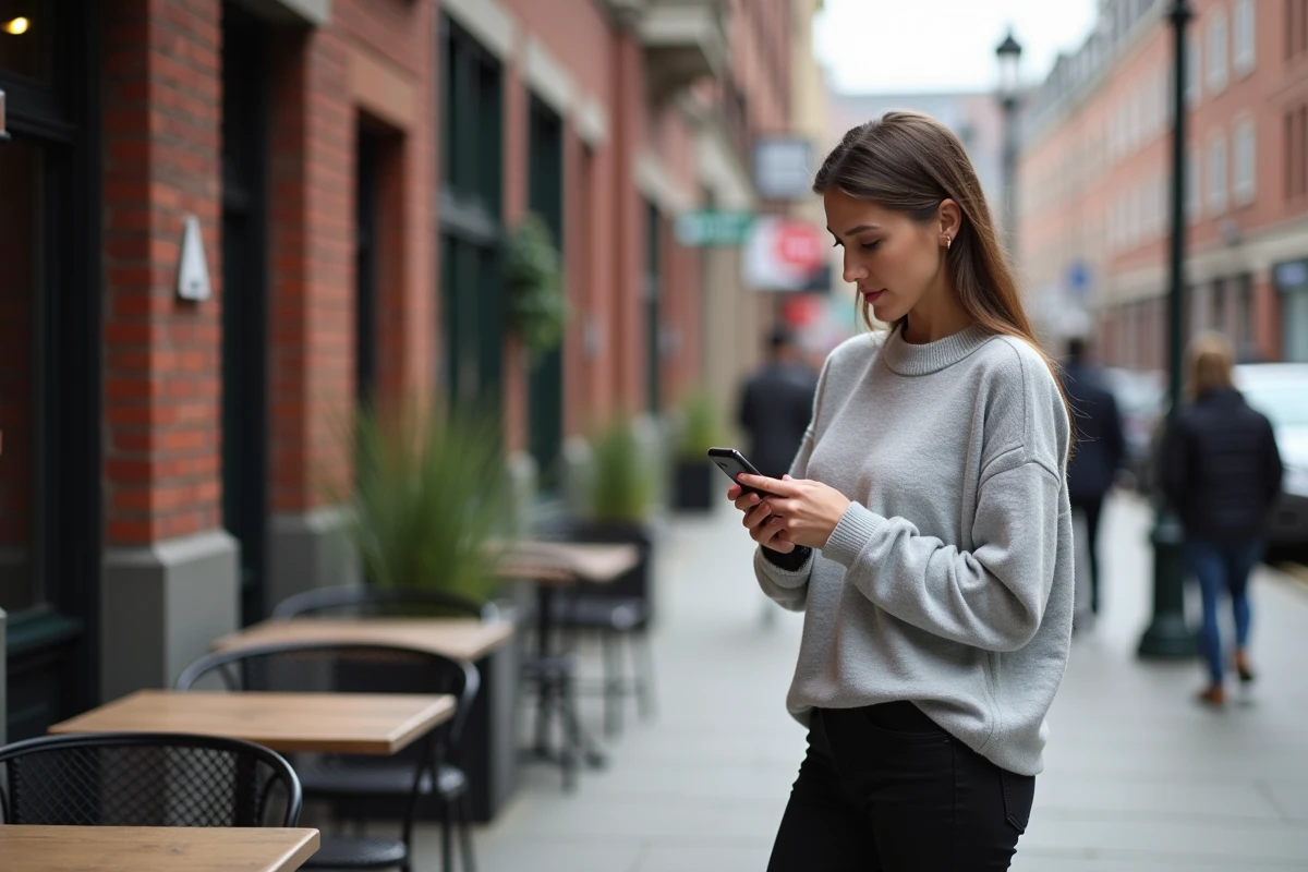 Femme vérifiant son smartphone dans une terrasse de café urbain