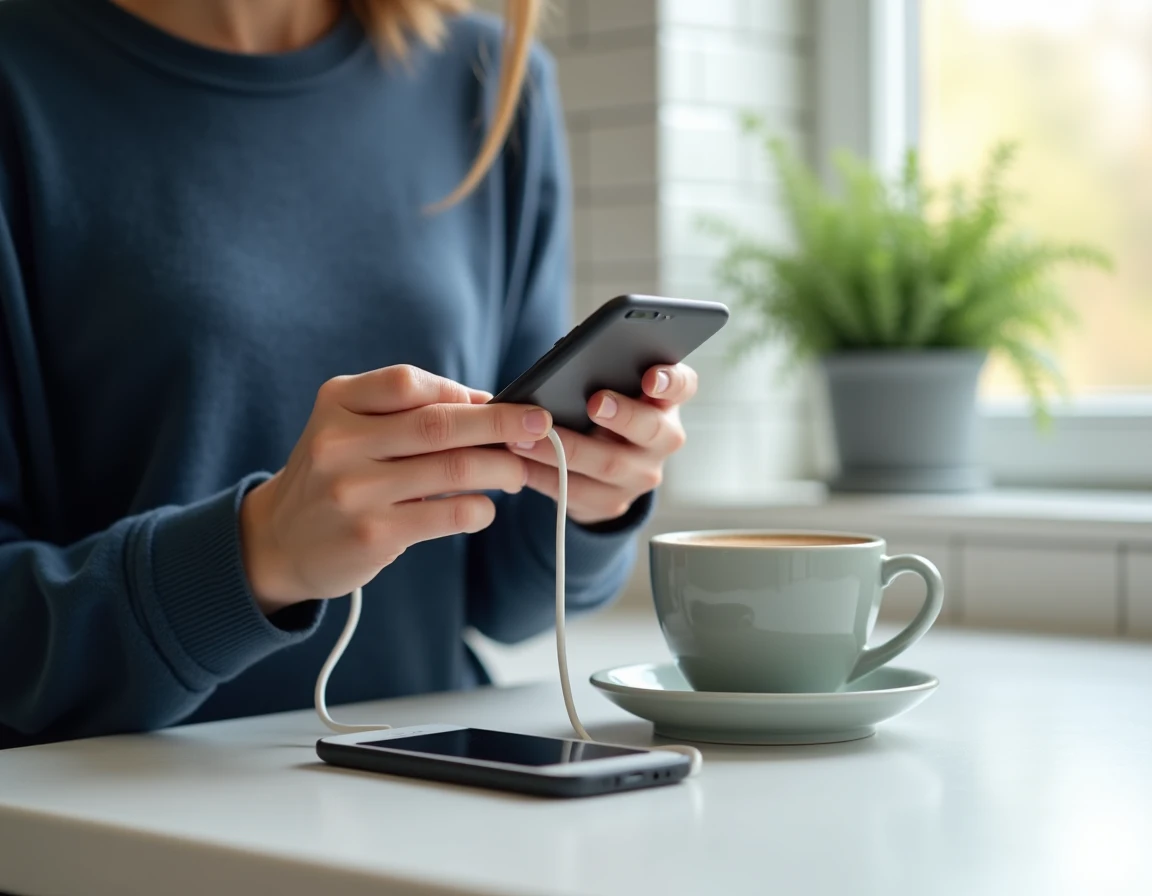 Femme branchant le chargeur d'un Samsung E250 sur un comptoir de cuisine pour recharger la batterie correctement