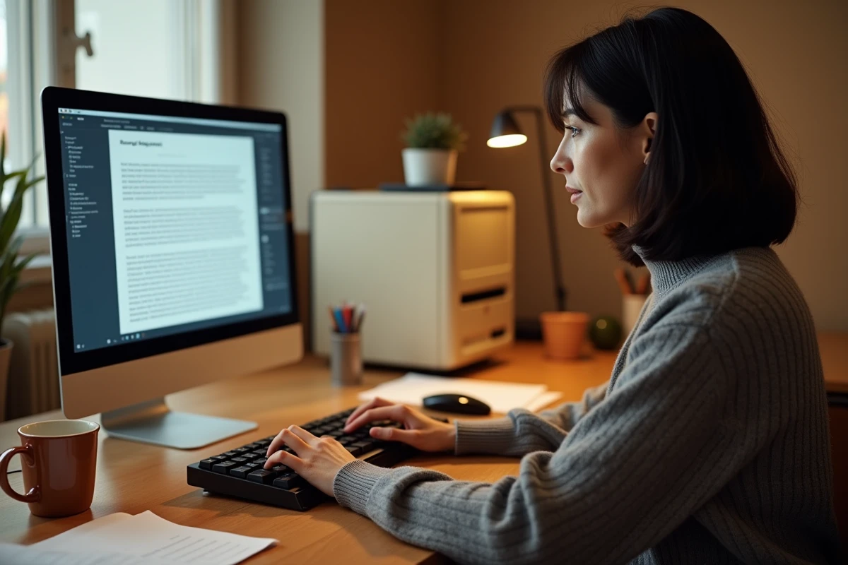 Femme utilisant un clavier mécanique moderne connecté à un ancien ordinateur de bureau pour taper un arobase