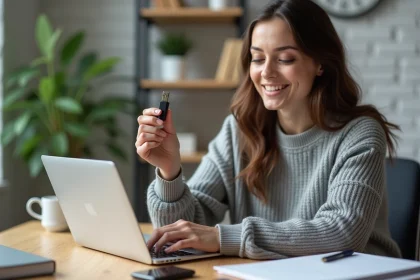 Femme tenant une clé USB 64 Go entre ses doigts dans un bureau à domicile moderne