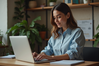 Jeune femme regardant du code sur son ordinateur dans un bureau