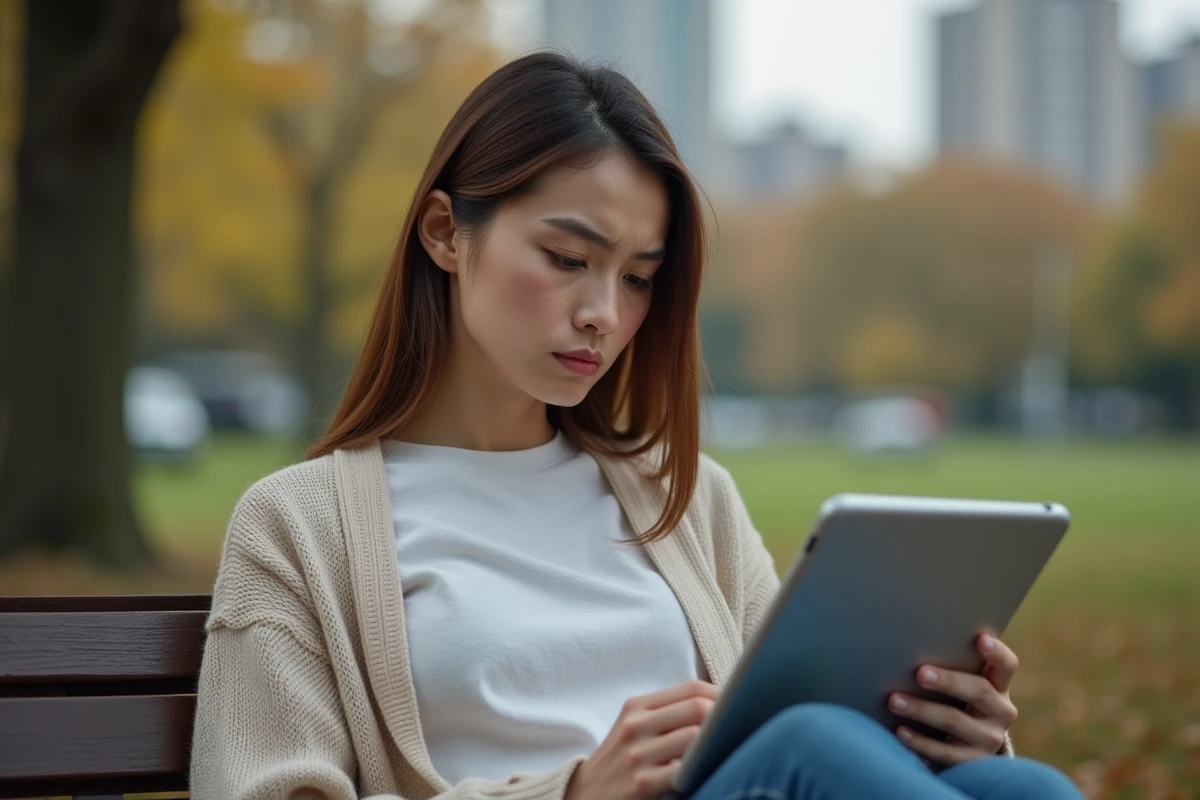 Femme fâchée utilisant sa tablette dans un parc urbain